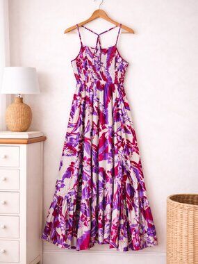 Free People Tropical Halter Maxi Dress Handkerchief Hem Flowy Vacation Dress
